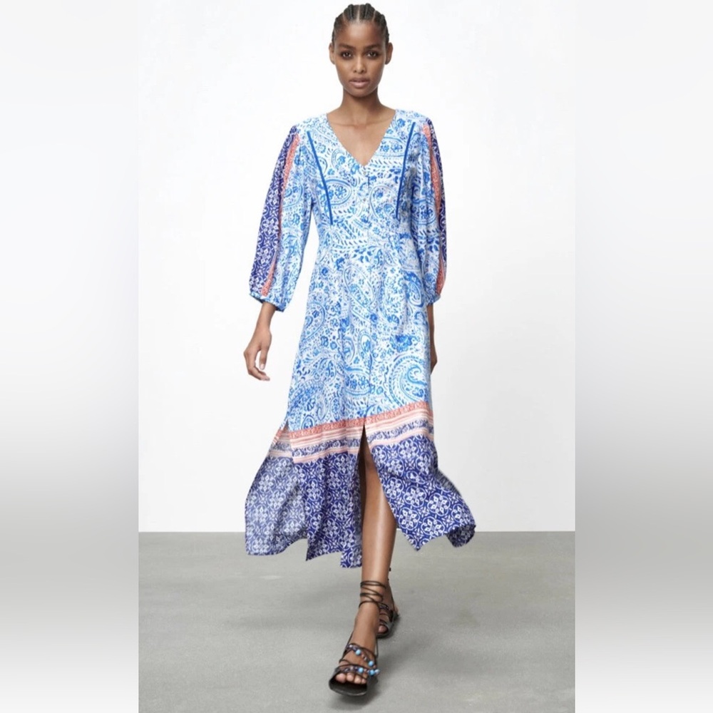 ZARA | WOMAN PRINTED TUNIC DRESS Blue / White SZ‎ M